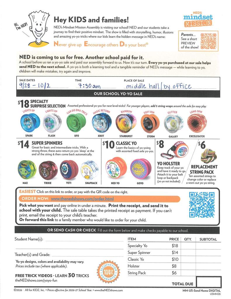 🎉 The NED Show came to Crockett Elementary! 🤩Our students had an amazing time learning valuable life lessons:💥 Never give up!🤝 Encourage others!🏆 Do your best ALWAYS!✨ Believe in the power of YET!🪀 NED Show Yo-Yos are coming! Sales start this Monday and will run for 10 days.🎒 Check backpacks today! We are sending home paperwork with all pricing and a QR code.How to purchase:Cash: Accepted directly at the school counselor's office.QR Code: Buy online! Crucial: If you buy online, you must send a coupon or receipt to Mrs. Pyle or Mrs. Meador before your student can collect their yo-yo.Receipts: You can email your QR code receipt directly to kristin.pyle@crockettisd.net.📧 Questions? Reach out to Miss Meador or Mrs. Pyle at CES!