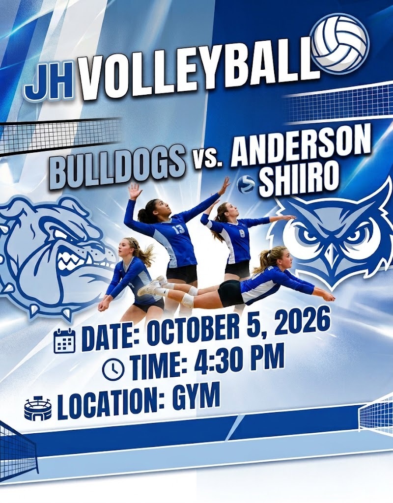 Get ready to pack the stands and bring the noise, Bulldog fans! 🐾 Crockett Junior High Volleyball takes on Anderson-Shiro right here at home.  Let's show our Lady Bulldogs some massive support!  🗓️ Monday, October 5, 2026 ⏰ 4:30 PM 📍 Crockett Junior High School