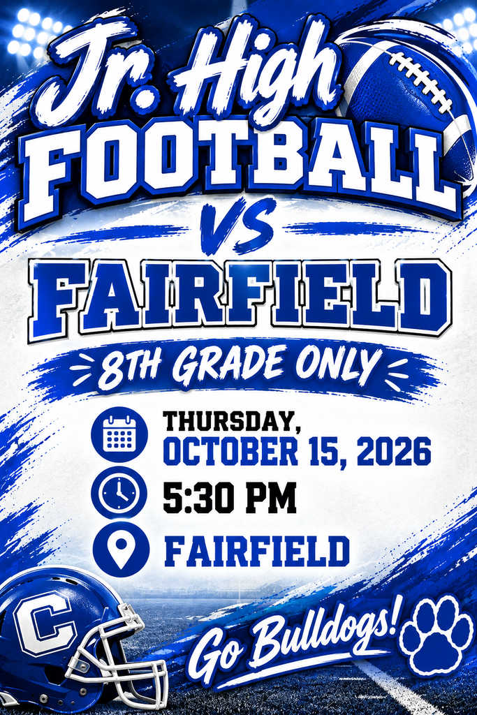 The Crockett Jr. High 8th Grade Football team is heading to Fairfield tomorrow, October 15, for an exciting matchup! 🏈🔥 The kickoff is set for 5:30 PM at Fairfield. Let's hit the road and show our full Bulldog support for the 8th-grade squad! 🐾🏆