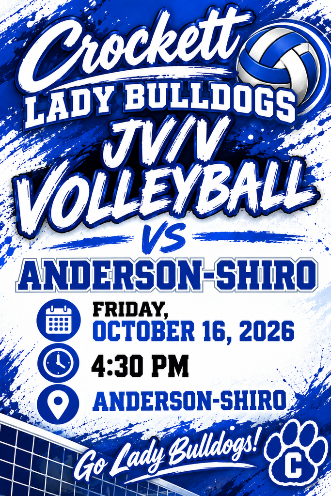 AWAY GAME ALERT! 🚨 Crockett JV/V Volleyball plays at Anderson-Shiro tomorrow! • ⏰ Time: 4:30 PM • 📍 Location: Anderson-Shiro High School Gym Show up and wear your school colors proud! 🏐🐾✨