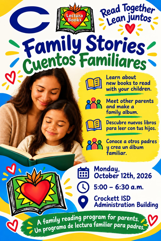 📚 Crockett ISD's Bilingual Family Reading Program is this tomorrow evening. 🗓️ Monday, Oct 19, 2026 ⏰ 5:00 PM – 6:30 PM 📍 CISD Admin Building We can't wait to see our Bulldog families there! 🐾