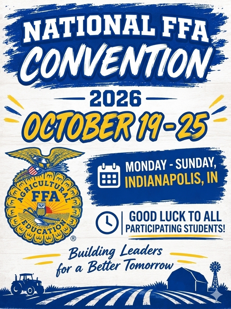🌾 Good luck to Crockett FFA! 🌾 Our Crockett FFA members are heading to Indianapolis for the National FFA Convention from October 19 – 25, 2026! We are so proud of these students and wish them safe travels and the best of luck as they represent Crockett ISD on the national stage! 💙🏆