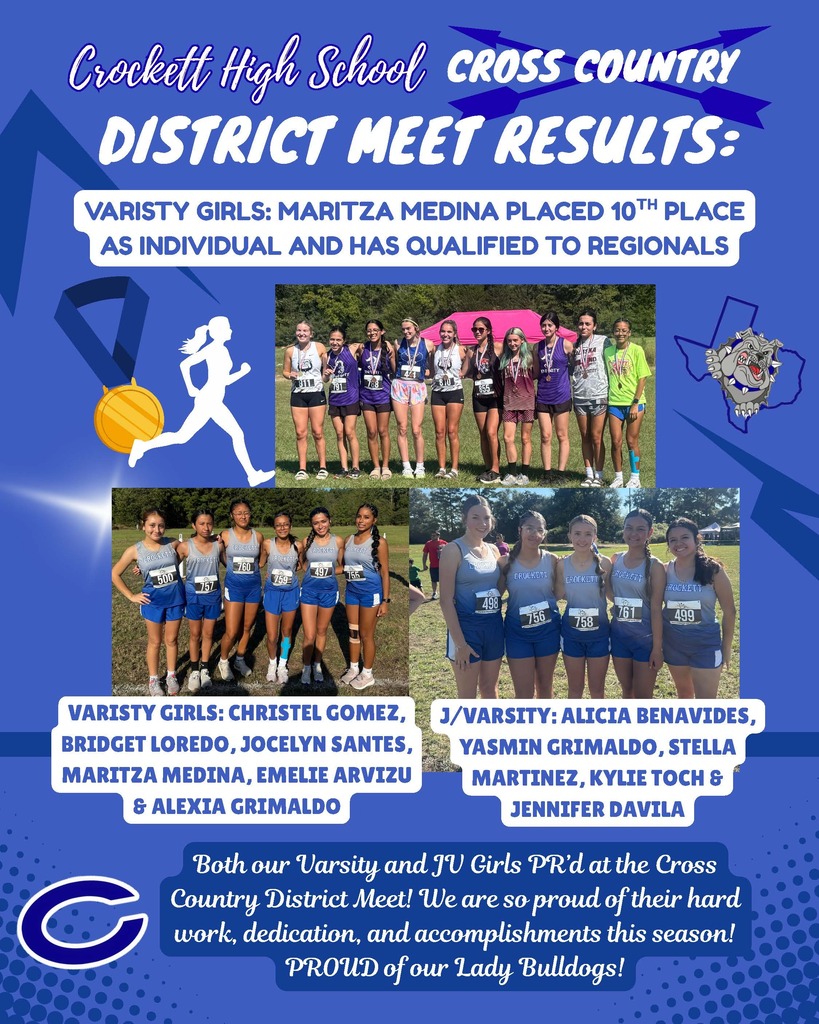 🏃♂️ Way to go, Bulldogs! 🐾 Huge congratulations to our Crockett Cross Country runners on a successful District Meet in Trinity on October 8th! Next stop: Regional Meet in Huntsville! Come out and support our qualifiers on October 27, 2026: 👟 Girls Qualifiers: 9:30 AM 👟 Boys Qualifiers: 10:15 AM Let’s keep the momentum going!💙🏼
