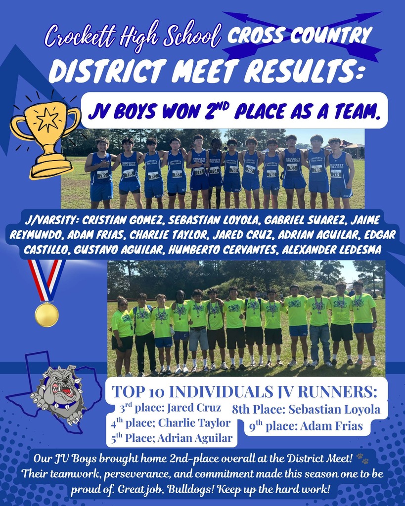 🏃♂️ Way to go, Bulldogs! 🐾 Huge congratulations to our Crockett Cross Country runners on a successful District Meet in Trinity on October 8th! Next stop: Regional Meet in Huntsville! Come out and support our qualifiers on October 27, 2026: 👟 Girls Qualifiers: 9:30 AM 👟 Boys Qualifiers: 10:15 AM Let’s keep the momentum going!💙🏼