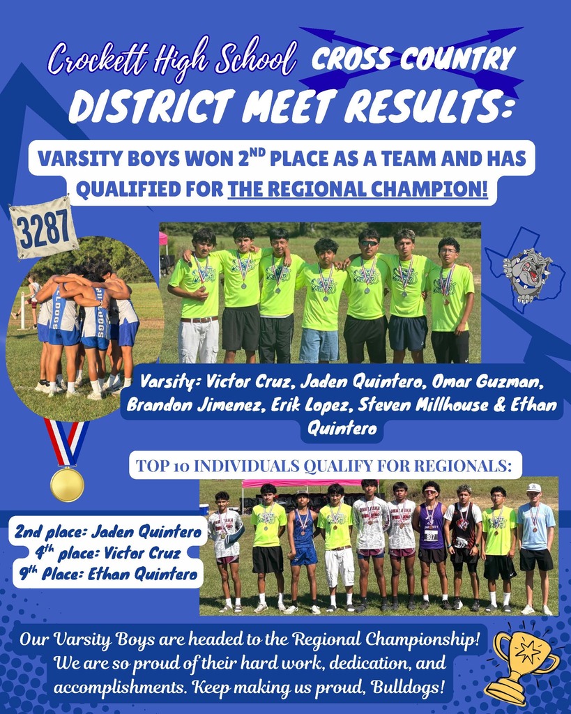 🏃♂️ Way to go, Bulldogs! 🐾 Huge congratulations to our Crockett Cross Country runners on a successful District Meet in Trinity on October 8th! Next stop: Regional Meet in Huntsville! Come out and support our qualifiers on October 27, 2026: 👟 Girls Qualifiers: 9:30 AM 👟 Boys Qualifiers: 10:15 AM Let’s keep the momentum going!💙🏼