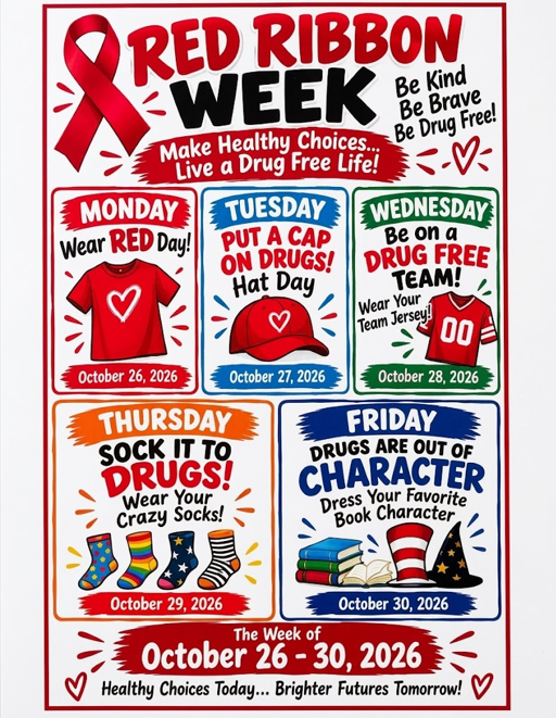 🎗️ SAVE THE DATE: Red Ribbon Week is Coming! 🐾 Hey Crockett Bulldogs! Get ready to show your spirit and take a stand for healthy choices during Red Ribbon Week, happening October 26–30. Start planning your outfits now—below is the dress-up lineup for the week.  📌 Friendly reminder: All outfits must follow the Crockett ISD dress code, and safe footwear/sneakers are required for PE and recess.  Share this post to help spread the word, and let’s make it an unforgettable week! 💙🤍