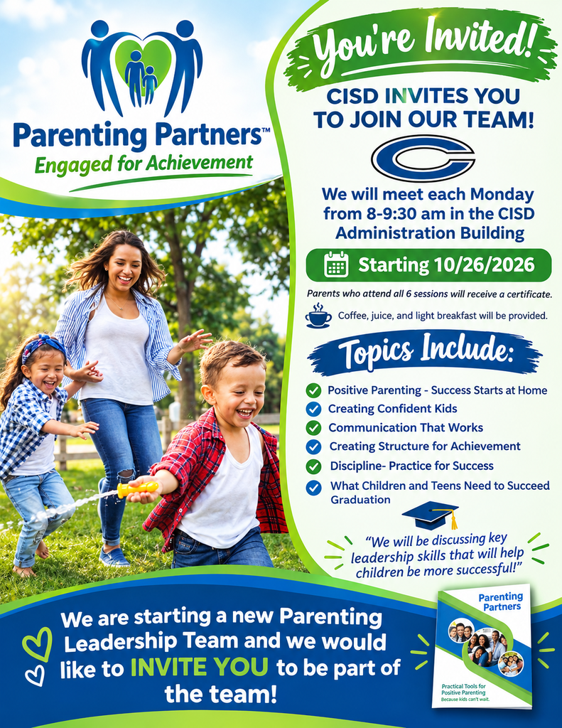 👥 Join the Crockett ISD Parent Leadership Team! Our first meeting of this 6-session course is on Monday, Oct. 26 from 8:00–9:30 AM at the CISD Administration Building. We'd love to see you there! 💙