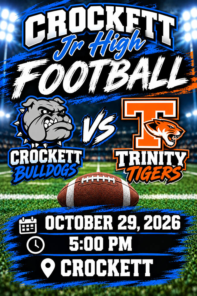 Under the Thursday night lights! 🏈 Crockett Jr. High takes on Trinity on October 29 at 5:00 PM at Driskell Stadium. Bring the energy and show your school spirit! 🐾