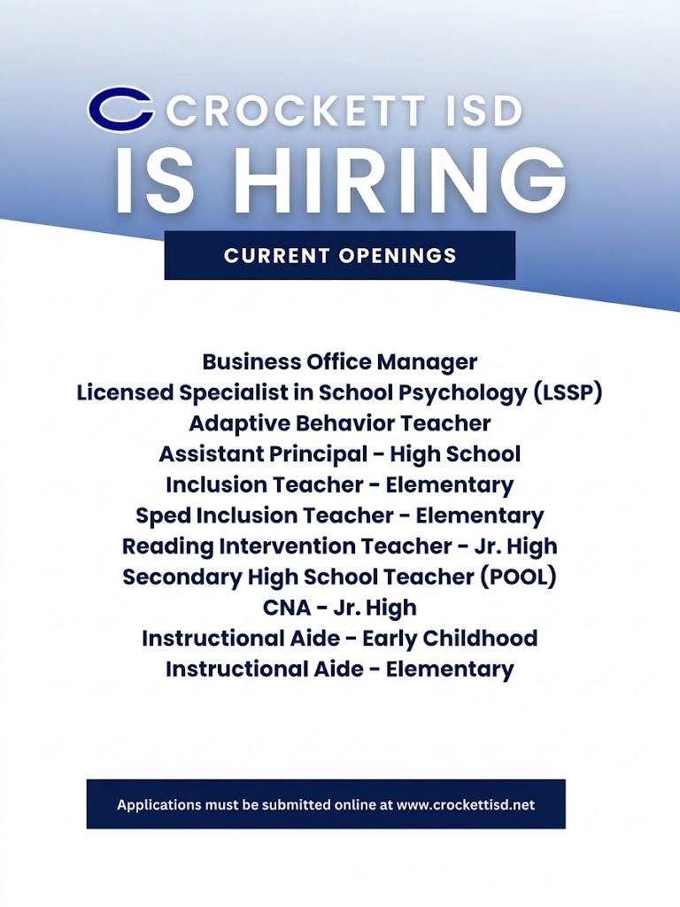 Crockett ISD is hiring! 💙 Join our Bulldog family and shape the future of our students. Explore open positions and apply today at crockettisd.net.