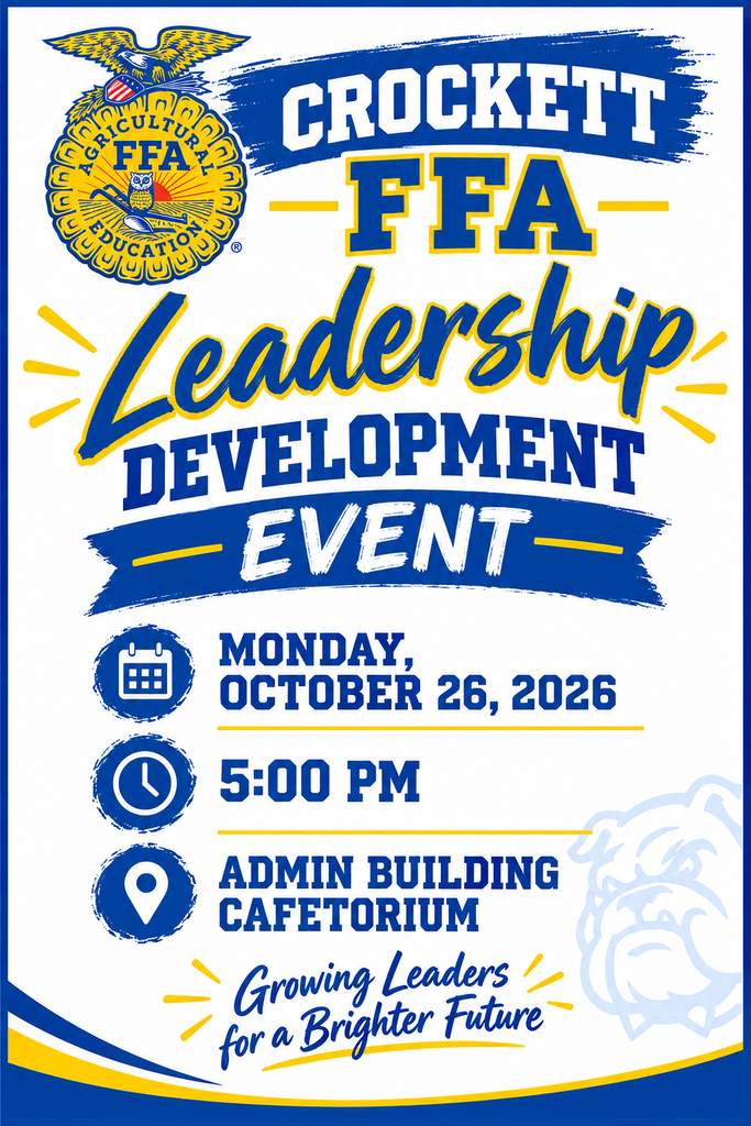 📅 Reminder: Crockett ISD's FFA Leadership Development Event is tomorrow at 5:00 PM in the Administration Building Cafetorium. Mark your calendars and come show your support! 🙌