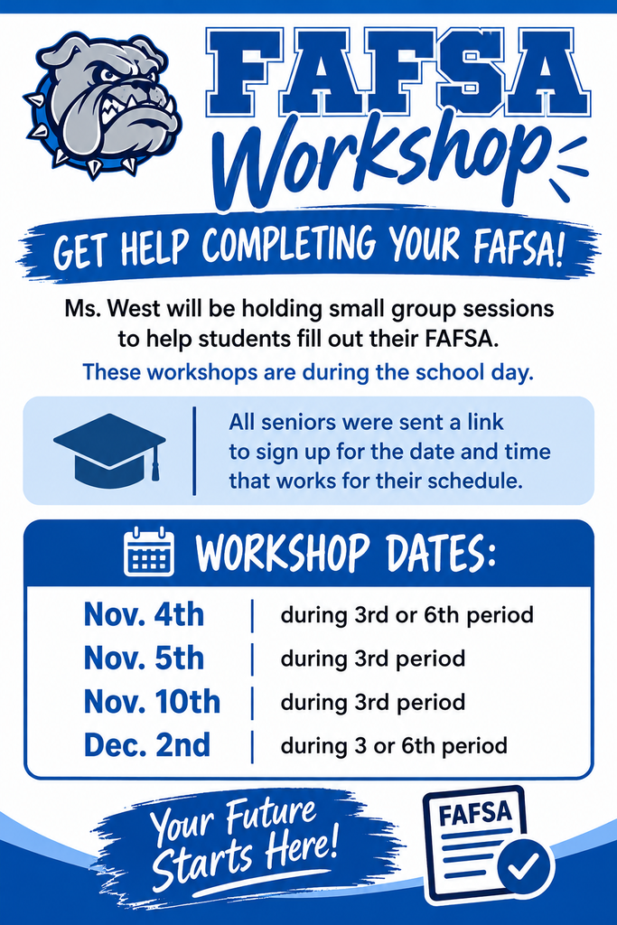 🎓 Attention CHS Seniors! 🎓 Need help completing your FAFSA? Ms. West is hosting FAFSA Workshops to guide you through the process! Check your email or student portal for the link to sign up for a time slot that works best with your schedule: 📅 Upcoming Workshop Dates: • Nov. 4: 3rd or 6th period • Nov. 5: 3rd period • Nov. 10: 3rd period • Dec. 2: 3rd or 6th period Don't wait—secure your spot today! 💵✨