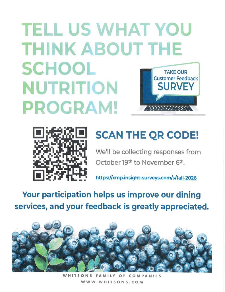 🍎 Have a quick moment? Our Food & Nutrition Department wants your feedback on our school meal program! Take the brief survey here: https://xmp.insight-surveys.com/Interview/366bf8c9-6473-4377-84e3-0290270acfea or scan the QR code! 📊