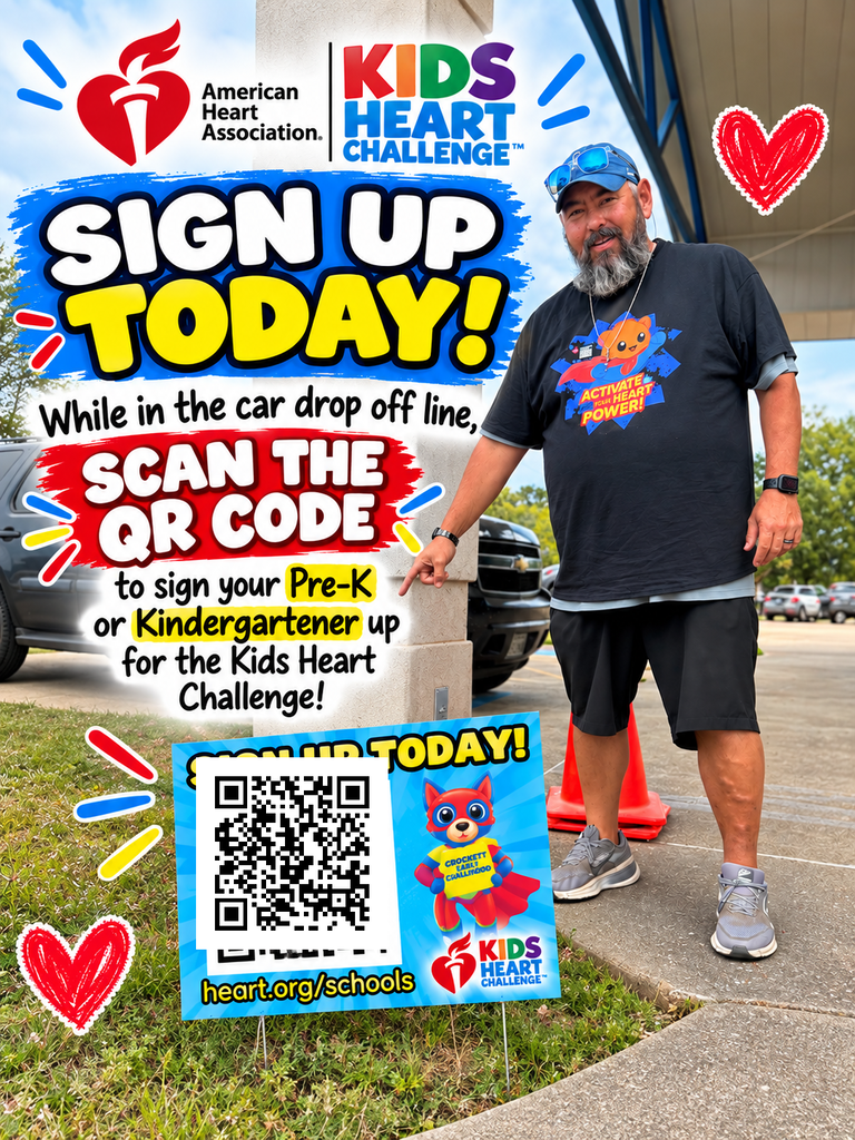 ❤️🏆 HEY, CROCKETT EARLY CHILDHOOD FAMILIES! WE NEED YOUR HELP! 🏆❤️  Coach Lane is challenging ALL of our Pre-K and Kindergarten families to sign up for the American Heart Association's Kids Heart Challenge! ❤️🐾  🚨 OUR GOAL: 50 STUDENTS SIGNED UP! 🚨  If we reach 50 registrations, Crockett Early Childhood will be entered into a drawing for a chance to WIN $10,000 FOR A GYM MAKEOVER! 💰🏫🎉  📱 SIGNING UP IS SUPER EASY!  🚗 Morning Drop-Off: Scan the QR code on the signs along the driveway!  🚗 Afternoon Pick-Up: Scan the QR code while waiting in line!  ✅ It only takes a few minutes to register your child!  🐾 BULLDOG NATION, LET'S MAKE IT HAPPEN! 🐾  Imagine what $10,000 could do for our little Bulldogs and their PE program! Every registration gets us one step closer to reaching our goal!  ❤️ 50 STUDENTS. ONE BIG GOAL. A CHANCE AT $10,000! ❤️  Let's show everyone what the Crockett Early Childhood family can accomplish when we work together!  #KidsHeartChallenge #CrockettEarlyChildhood #BulldogNation #AmericanHeartAssociation #HeartHealthyKids #CrockettISD
