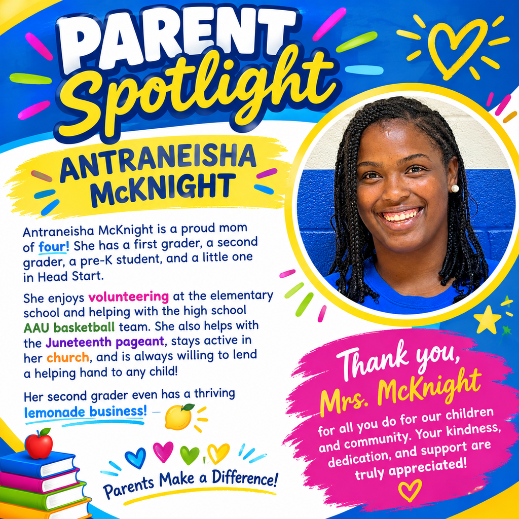 ✨ Crockett Elementary Parent Spotlight! ✨ Meet Antraneisha McKnight! 🌟 As a devoted mom of four—with children in 2nd grade, 1st grade, Pre-K, and Headstart—she is a true pillar in our community! Mrs. McKnight stays busy giving back in so many ways: 🏫 Volunteering at Crockett Elementary 🏀 Supporting our HS AAU basketball team 👑 Assisting with the Juneteenth pageant ⛪ Active leadership in her church ❤️ Always extending a helping hand to any child in need! Fun fact: Her 2nd grader is already following in her entrepreneurial footsteps with a thriving lemonade business! 🍋 Thank you, Mrs. McKnight, for everything you do for our school and community. You are so deeply appreciated! 💙