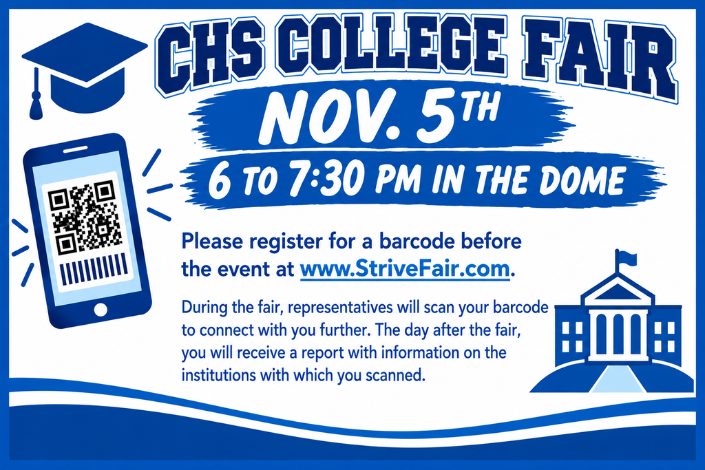 Attention Crockett High School students and families! Please make sure to register before attending the upcoming CHS College Fair. You can register using the QR code or by visiting www.strivefair.com. Event Details: 🗓️ Thursday, November 5, 2026 ⏰ 6:00 PM – 7:30 PM 📍 The Dome