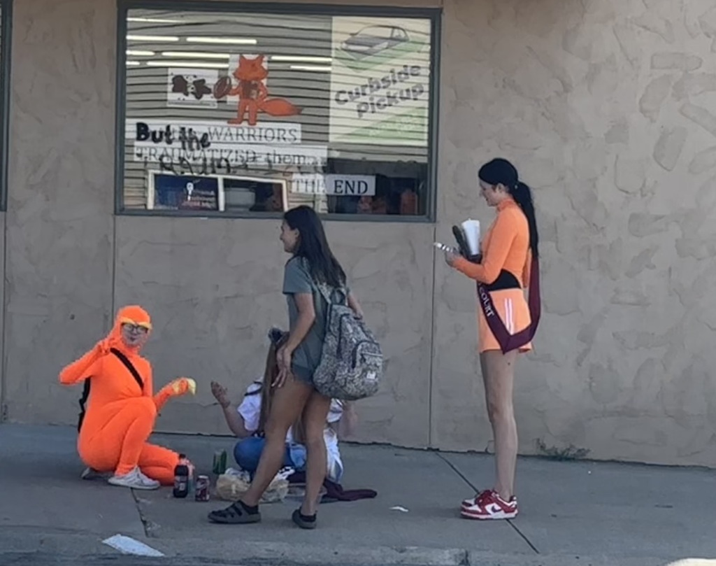 The Lorax (Kaydence), Addison, Halee, and Sierra enjoying a snack at the grocery store