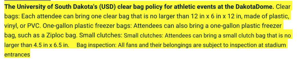 USD clear bag policy text