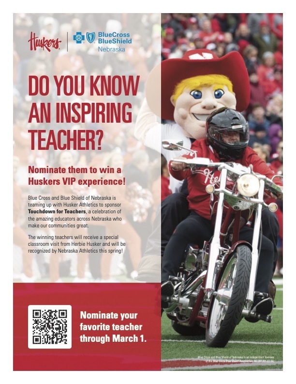 Flyer advertising for Touchdown for Teachers - Nominate an inspiring teacher for a Huskers VIP experience!