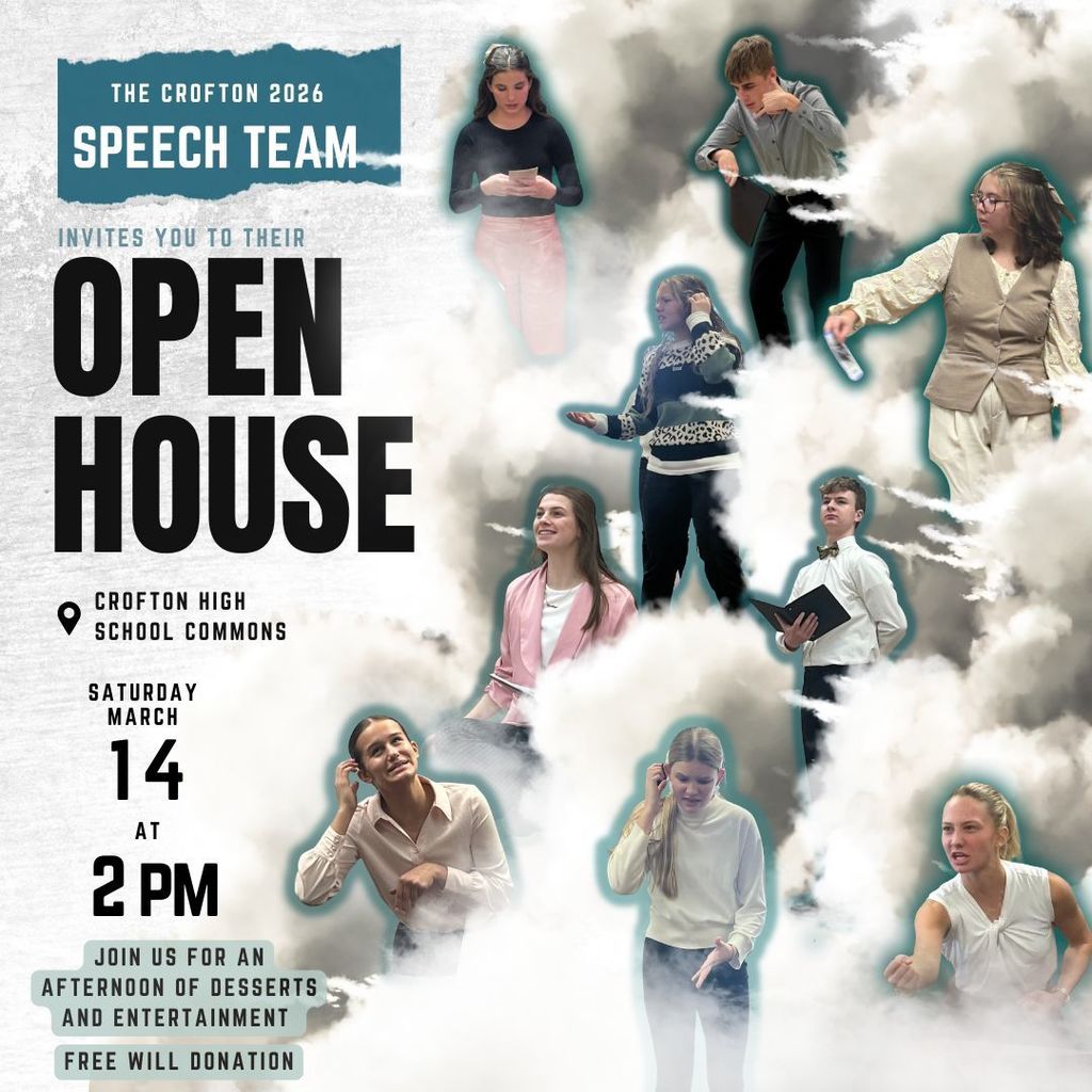 Graphic of students and information about the date and time of the open house