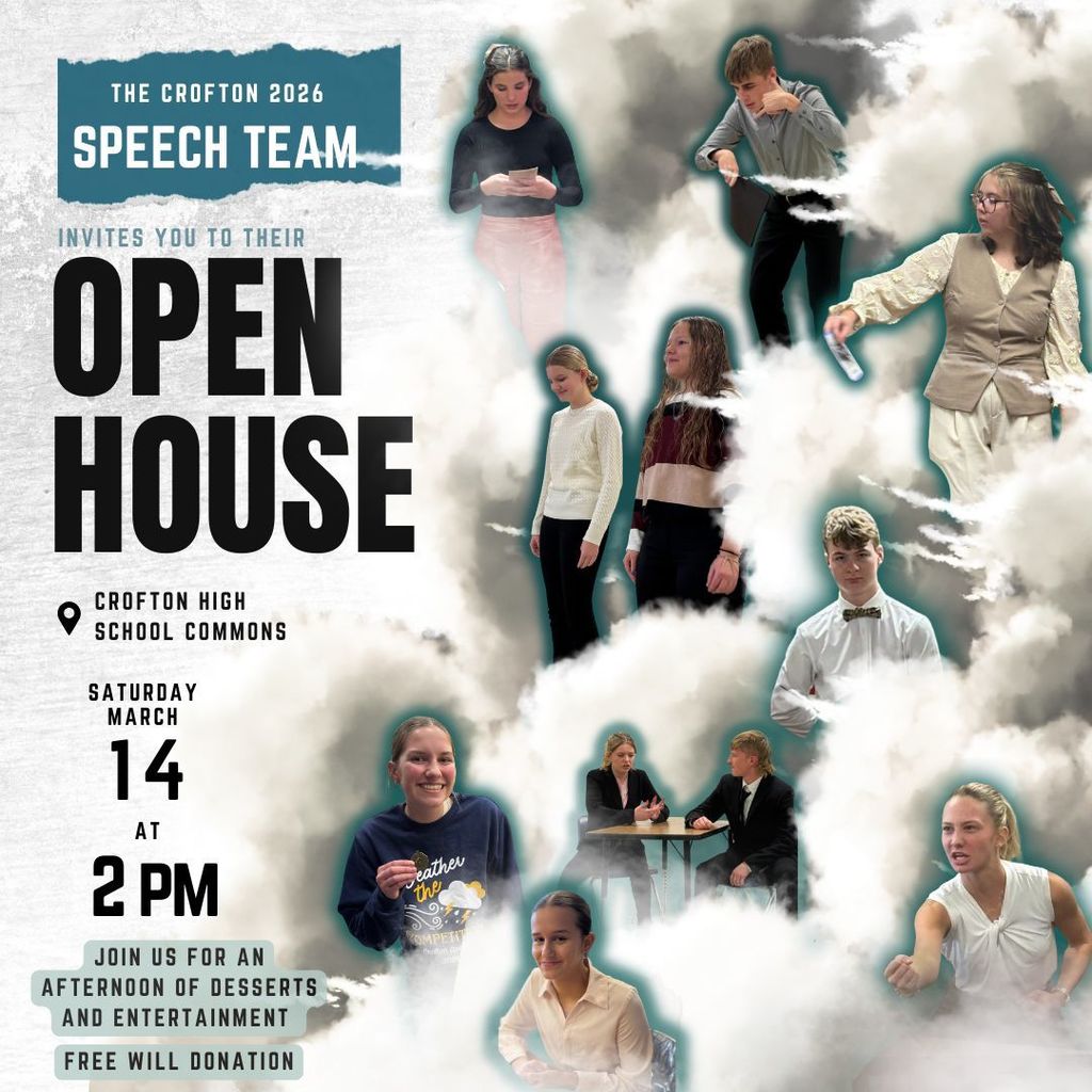 Graphic with information for the open house: Crofton High School Saturday March 14 at 2pm