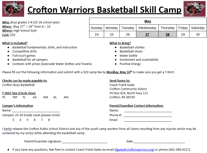 Crofton Warriors Basketball Skill Camp Information