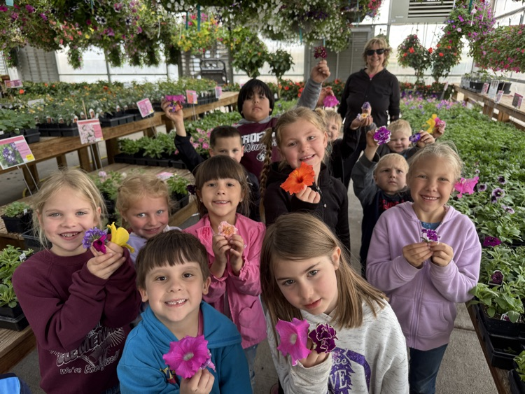 Kindergarteners checking out the flowers at Diane’s Greenhouse
