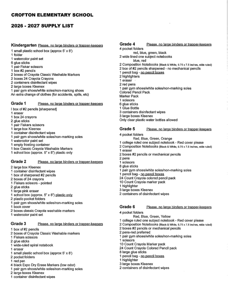 2026-2027 School Supply List