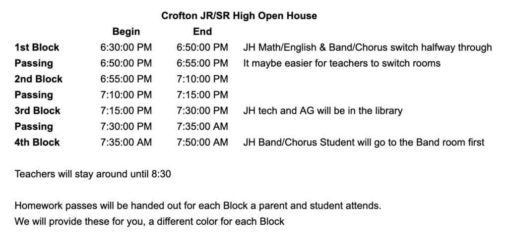 Schedule for JH/SH Open House