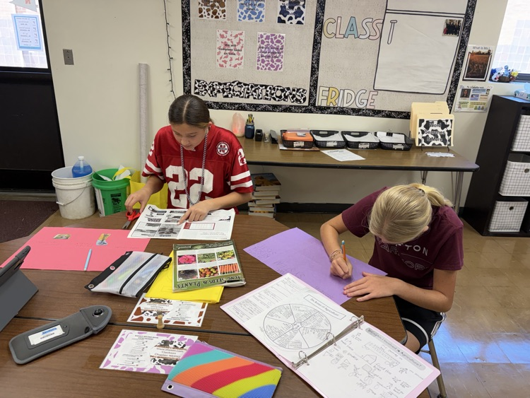 Students searching magazines for examples.