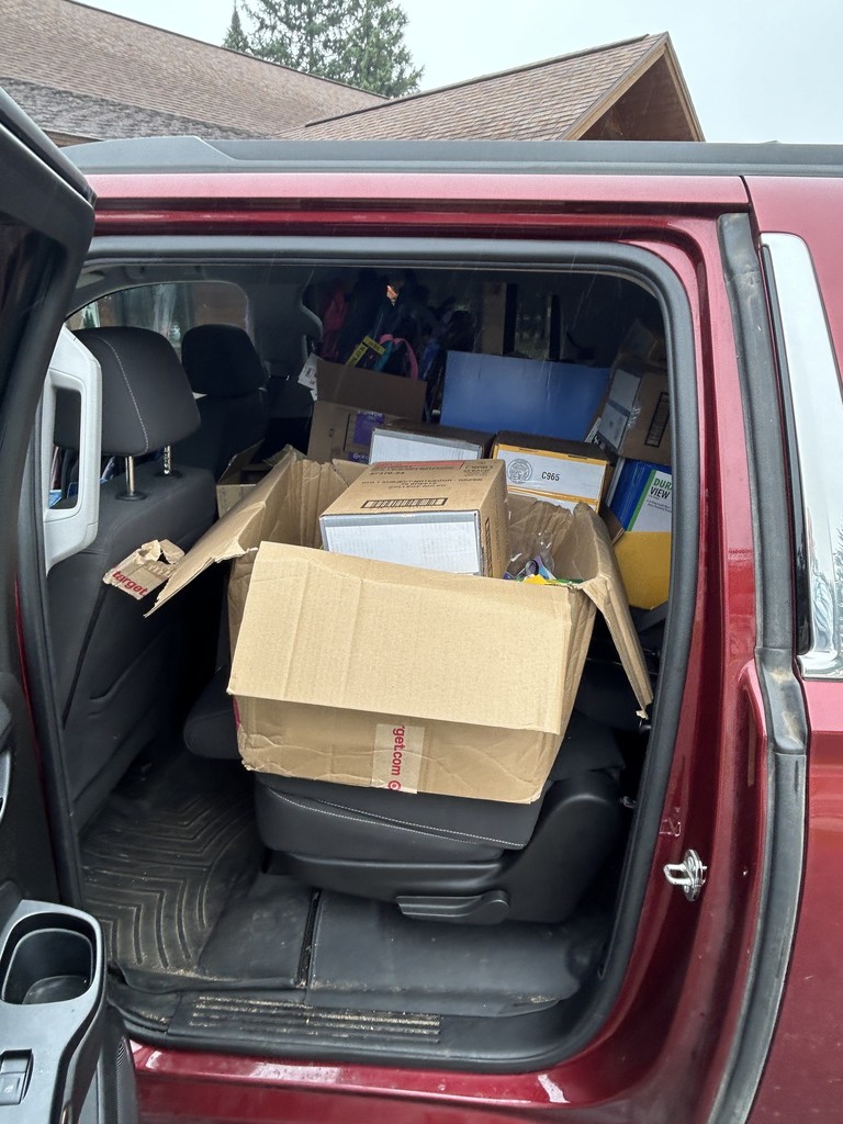 back seat of school supplies