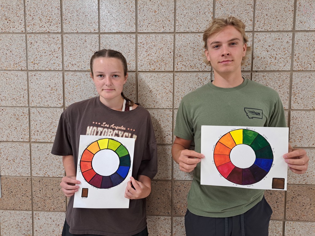 male and female holding a painted color wheel