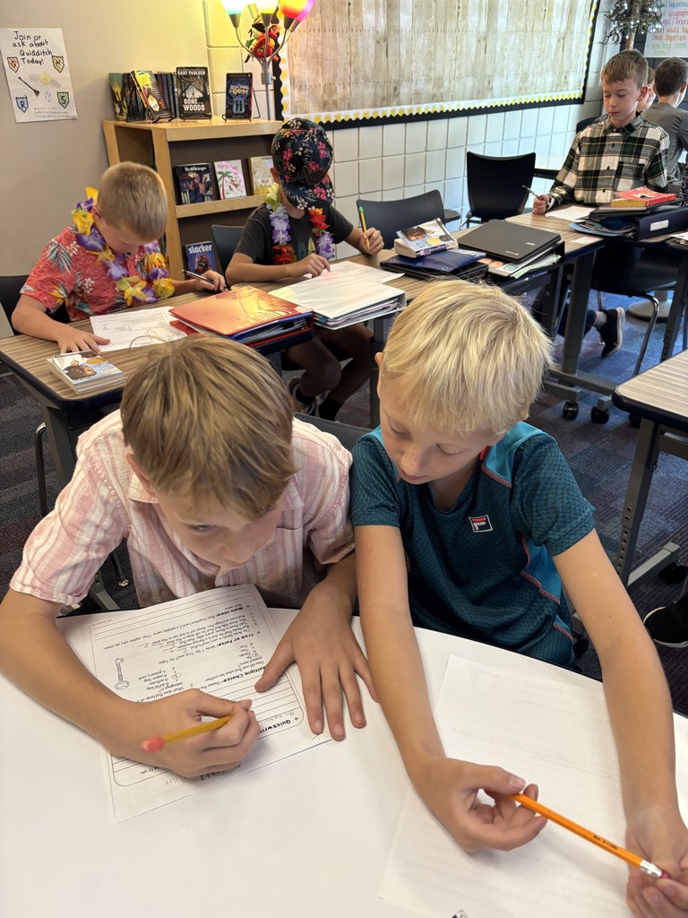 2 males working together at their table on a worksheet