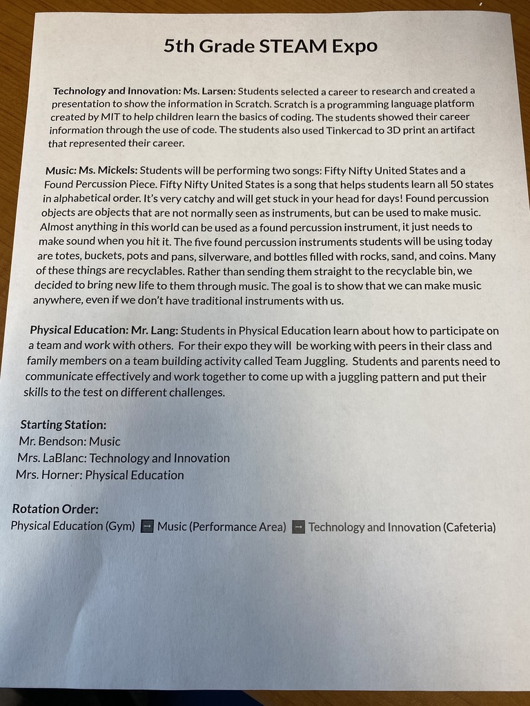 5th grade STEAM Expo information