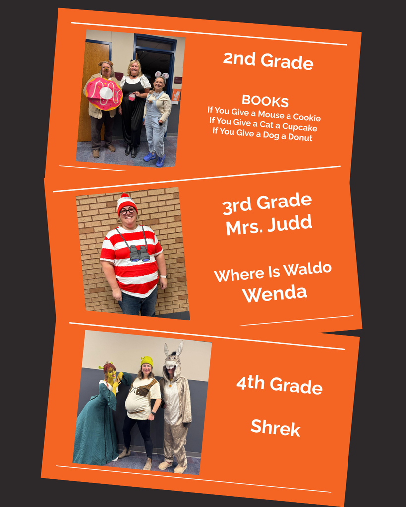 CRES staff dress for Halloween- 4th grade dresses as Fiona, Shrek, and Donkey, 3rd grade- Where's Waldo, 2nd grade- Mouse, cat and dog