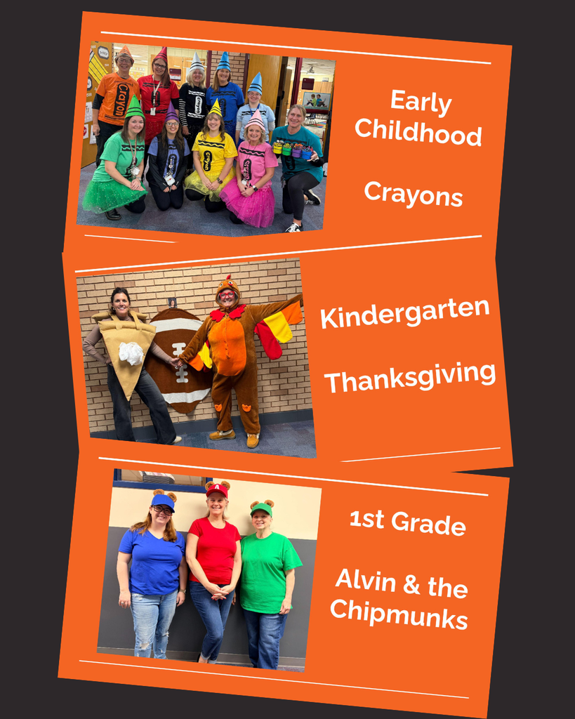 CRES Staff dressed for Halloween- 1st grade is Alvin and the Chipmunks, Kindergarten- Pie and Turkey, Early Childhood- dressed as crayons