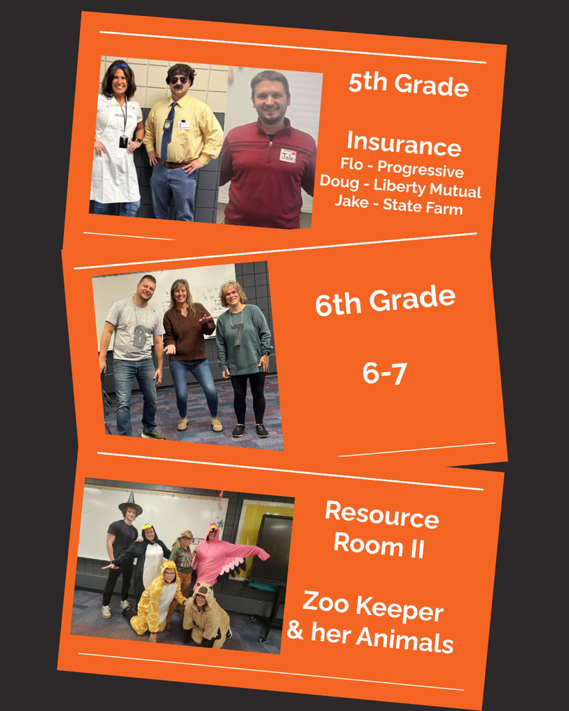 CRES Staff dressed up at Halloween Resource room 2 Zookeeper and her animals, 6th grade- 6-7, and 5th grade - Flo from Progressive, Jake from State Farm and Doug from Liberty Mutual