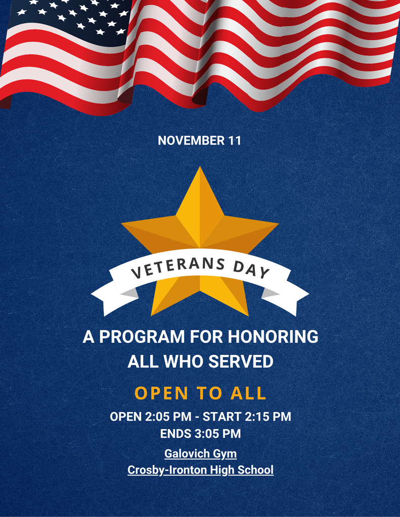 Veteran's Day program invitation for 11/11 at 2:15 in the Gally Gym