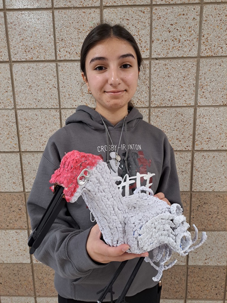 Female student holding a recycled art project. She used gray braided rope for the head, neck and body of a bird, pop tabs for eyes, black painted popsicle sticks for a beak