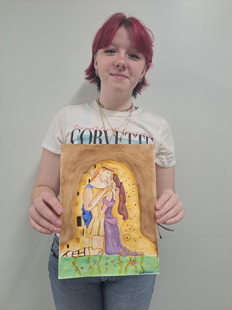 Female senior holding her rendition drawing and painting of Hercules' kiss