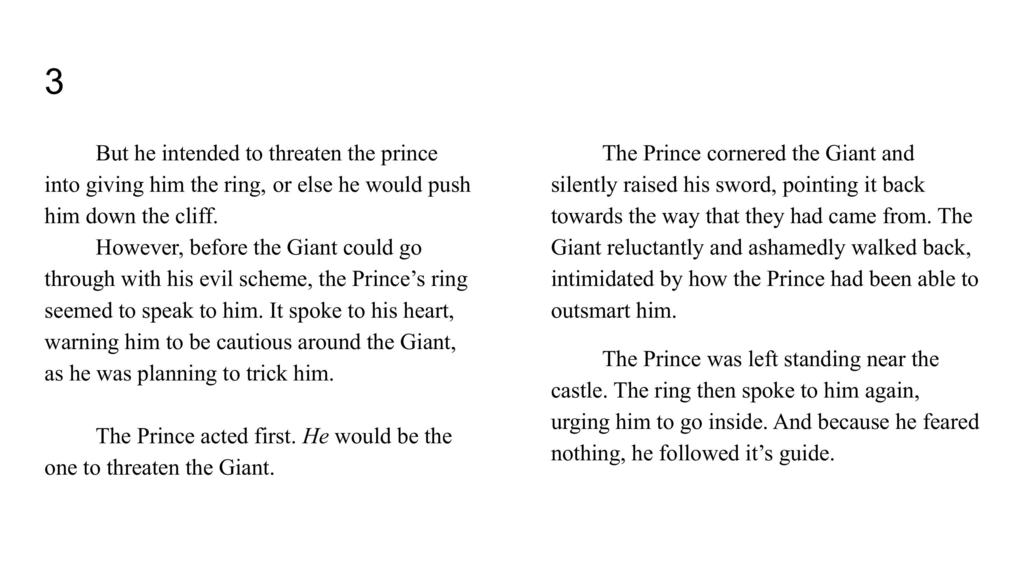 4th page of the rewrite in which the Giant was going to threaten the prince but the prince turned it around and threatened the giant