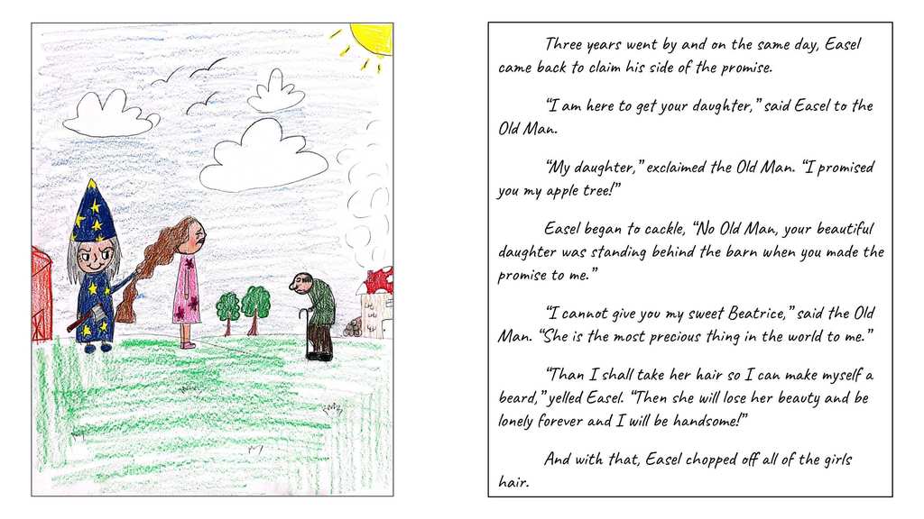 page 3 of rewrite in which years went by and the wizard came back to claim the old man's daughter and the old man says no you can't have her and the wizard wants her hair instead for a beard so he cut it