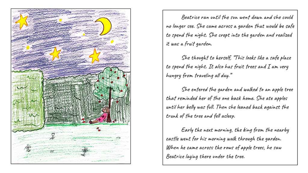 The daughter run until the sun went down and found herself in a garden with an apple tree. She ate til she was full, and slept against the apple tree. Early in the morning a King from the castle found the girl under the tree. THis is the end of the story but a quick synopsis of the 5 pages here.