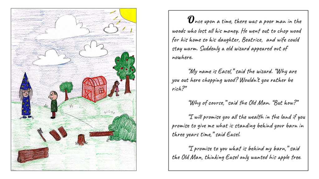 page two of the rewrite about an old man and his family who lived in the woods and didn't have any money. Suddenly a wizard appreared and said he can help him