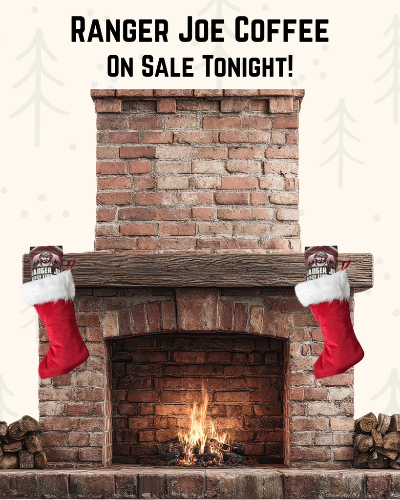 Ranger Joe Coffee inside of christmas stockings handing on a fireplace mantle letting people know Ranger Joe will be available for purchase tonight