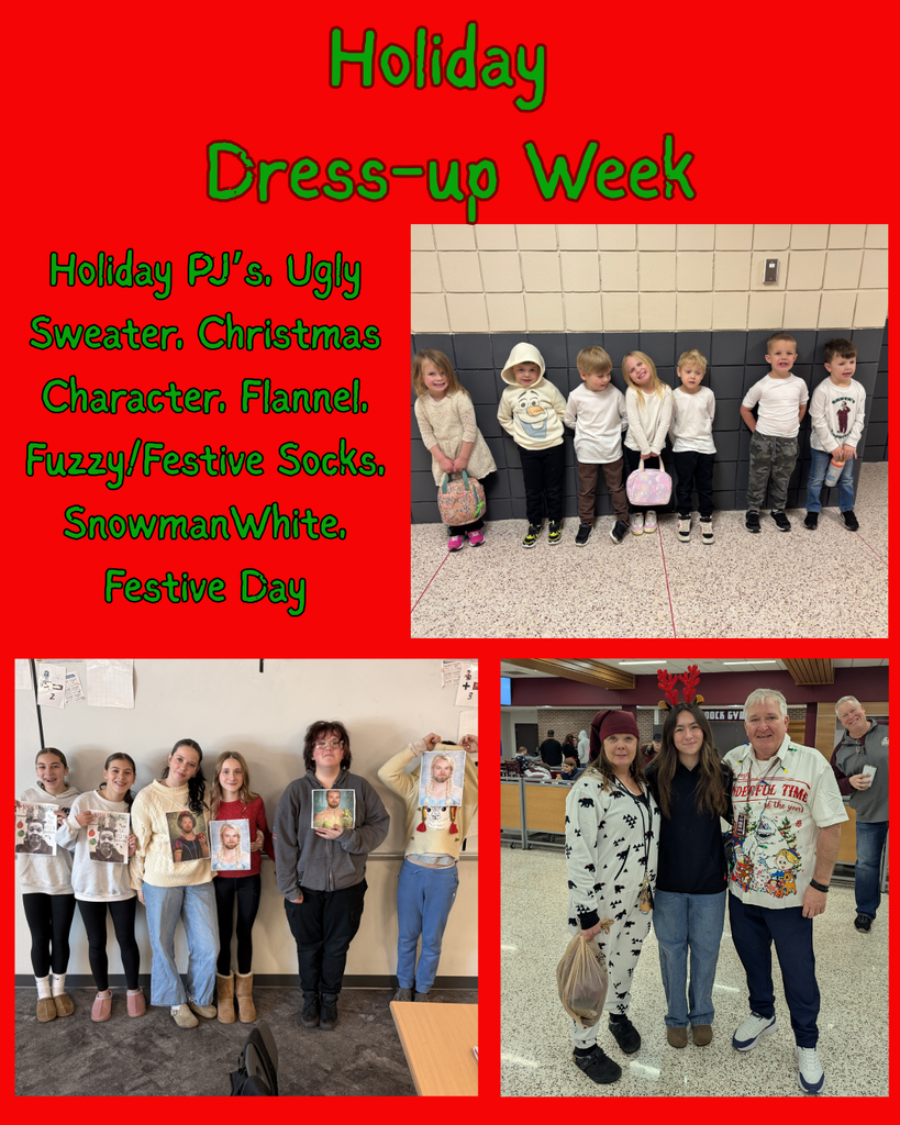 photo collage of students and staff from both schools dressed in their holiday attire...this has character day and preschool white out