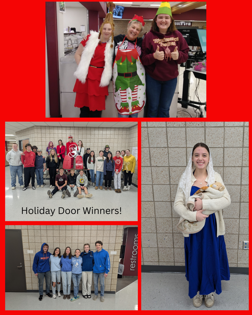 students dressed in blue, one as a character Mary, the holiday door decorating winners and two students and a staff member as elves