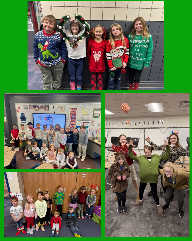 students from both schools dressed in holiday attire like reindeer, snowmen, and a wreath