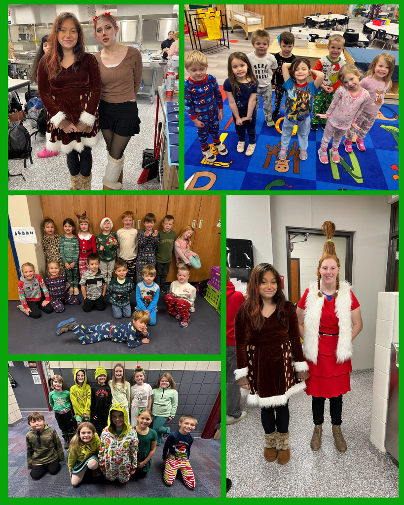 students in pj's , dressed as reindeer and a Hoo,
