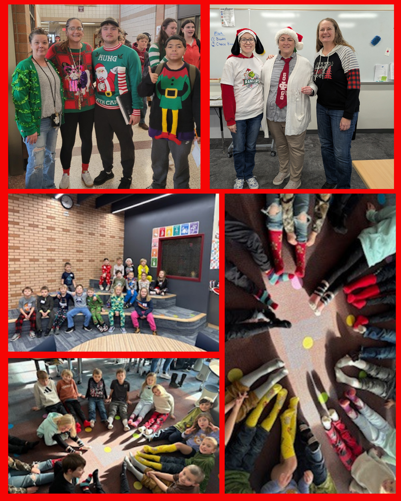 studetns weraing festive fuzzy socks, holiday pj's and dressed like chritmas character