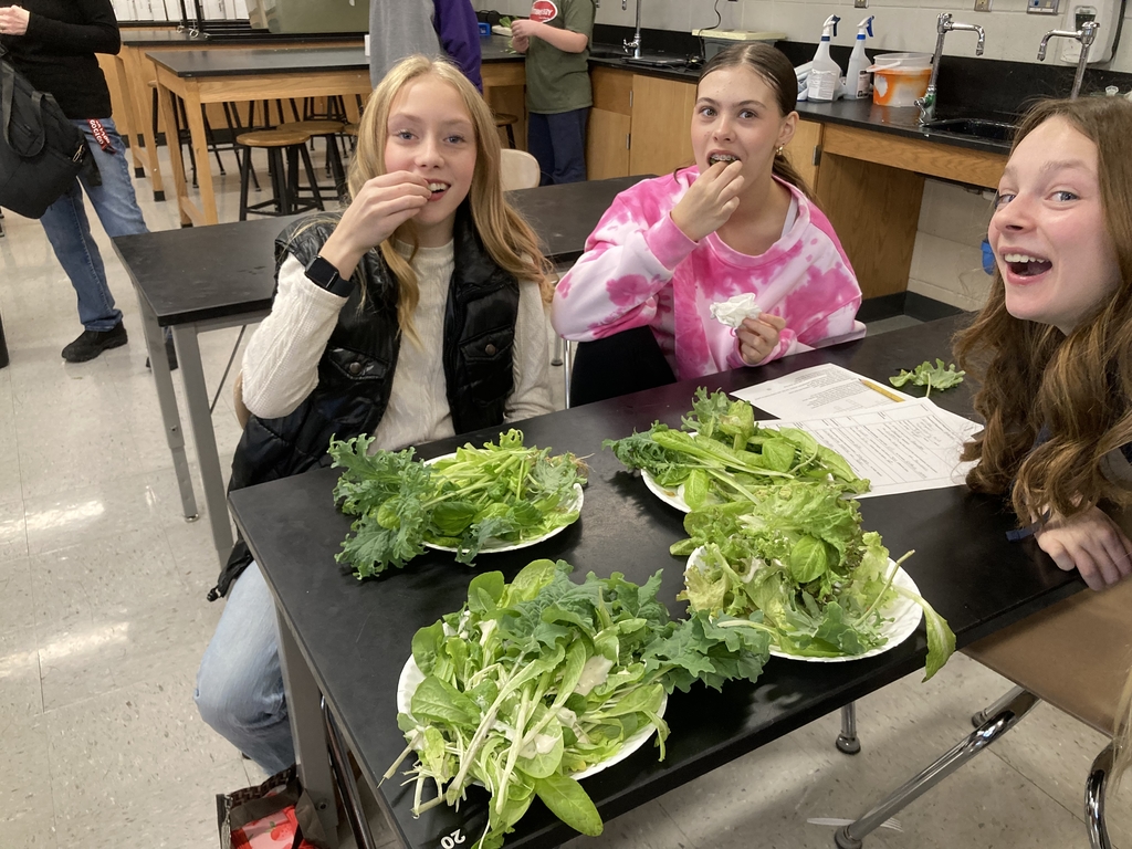 three female 7th graders talking a bite of the lettuce they grew in life science class. There are four full plates of lettuce